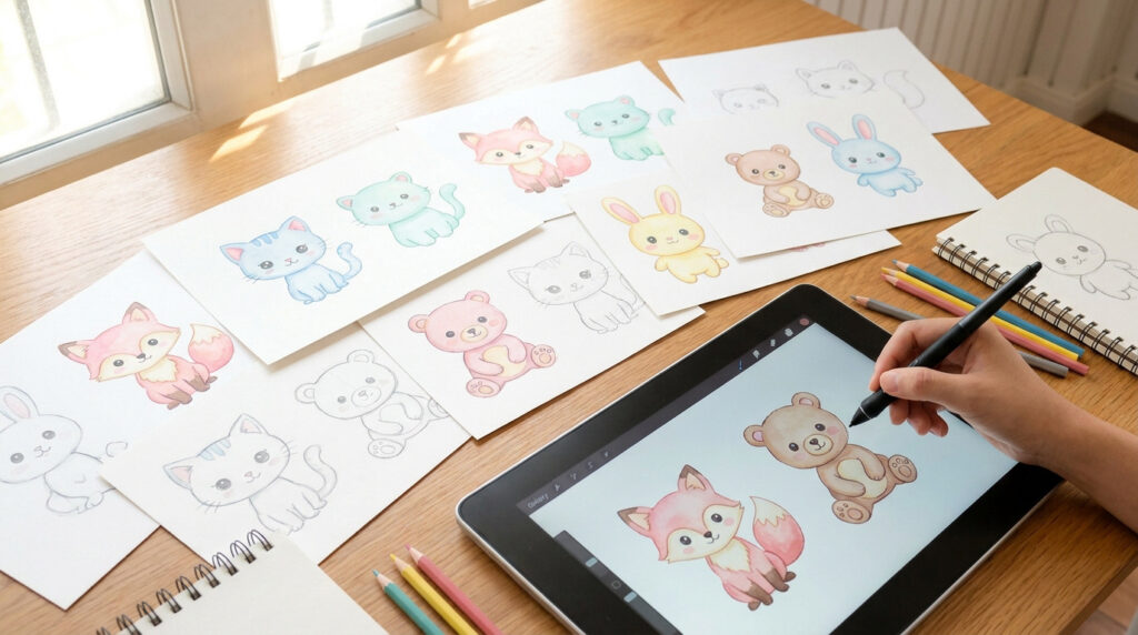 Main dessinant un ours mignon sur tablette, entourée de croquis et dessins colorés d'animaux (renard, chat, lapin) sur papier.