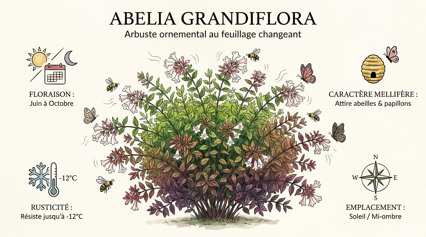 Détails botaniques de l'Abelia grandiflora montrant son feuillage luisant et sa forme dense