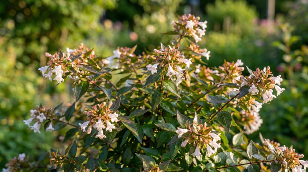 Tout savoir sur l’abélia grandiflora pour votre jardin Abelia grandiflora en fleurs avec une petite abeille dans un jardin ensoleillé.