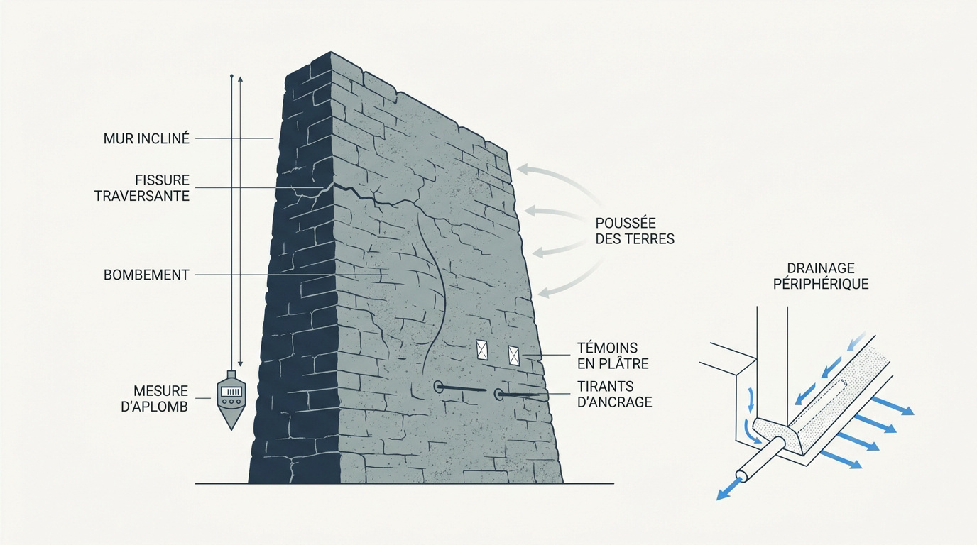 Analyse des désordres d'un mur en pierre qui penche