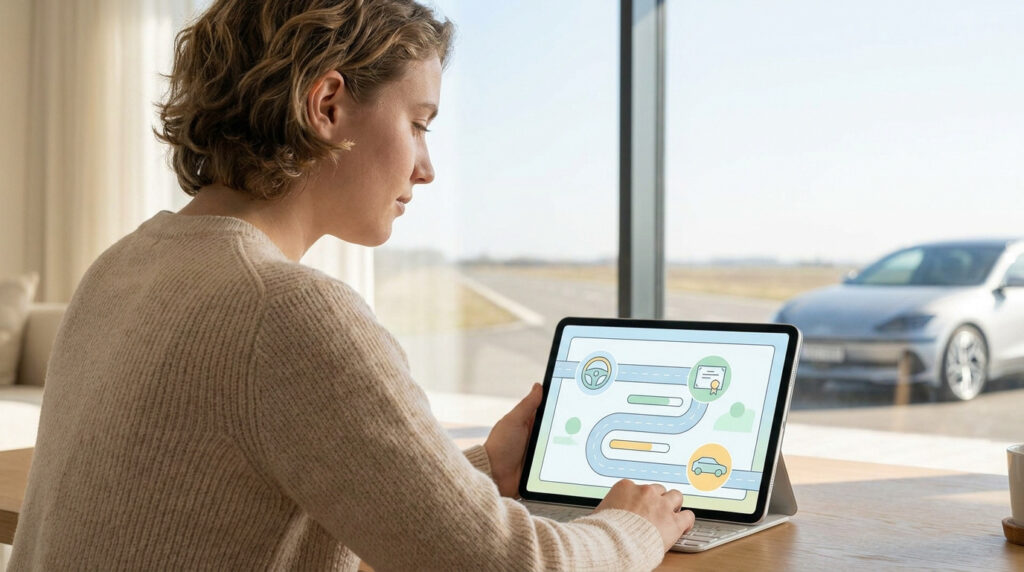 Jeune femme utilisant une tablette pour réviser son code de la route devant une fenêtre avec une voiture à l'extérieur.