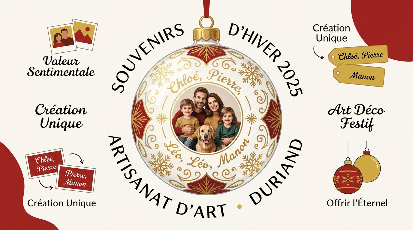 Boule de Noël personnalisée avec photo de famille et motifs art déco