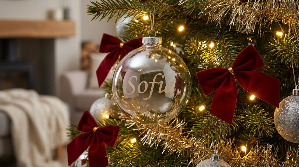 Votre boule de Noël personnalisée pour un sapin unique Une boule de Noël en verre transparent personnalisée avec le prénom Sofia, accrochée dans un sapin décoré.