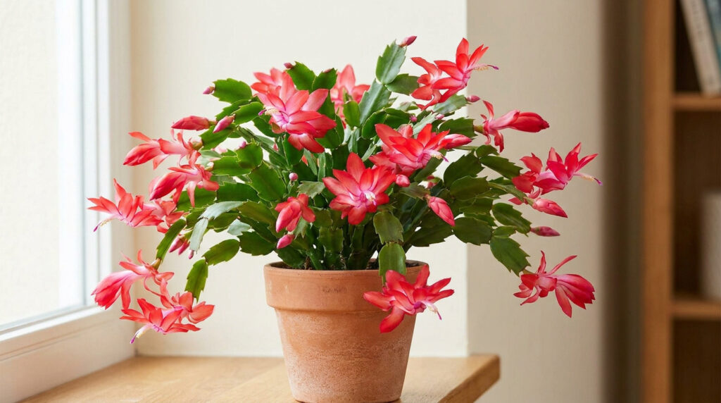 Cactus de Noël : le guide expert pour le faire refleurir Un Cactus de Noël en pot en terre cuite, posé sur un rebord de fenêtre, avec de nombreuses fleurs rose vif éclatantes.