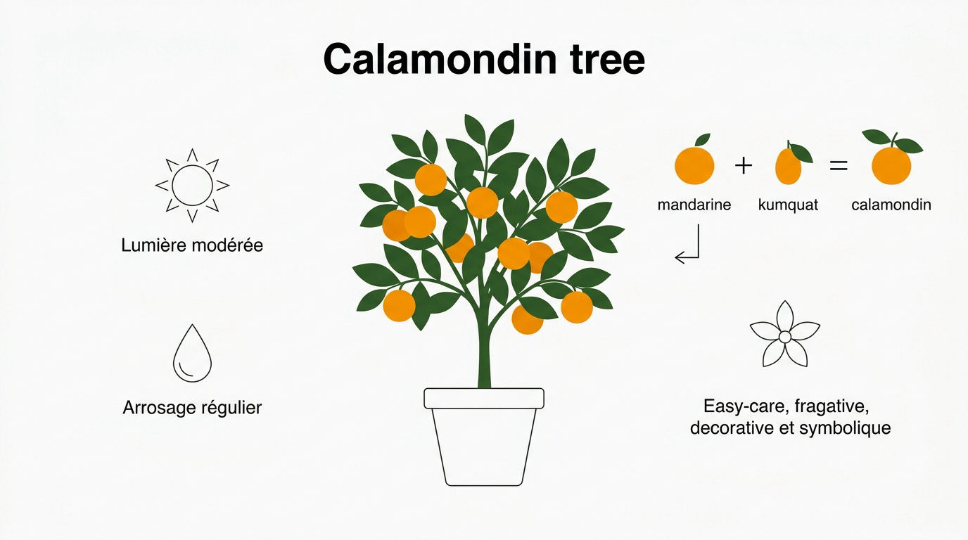 Calamondin citrus plant en pot avec fruits oranges et fleurs blanches