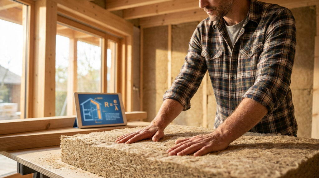 Un homme pose ses mains sur un isolant en fibre de bois, avec une tablette affichant un calcul de résistance thermique (R) en arrière-plan.