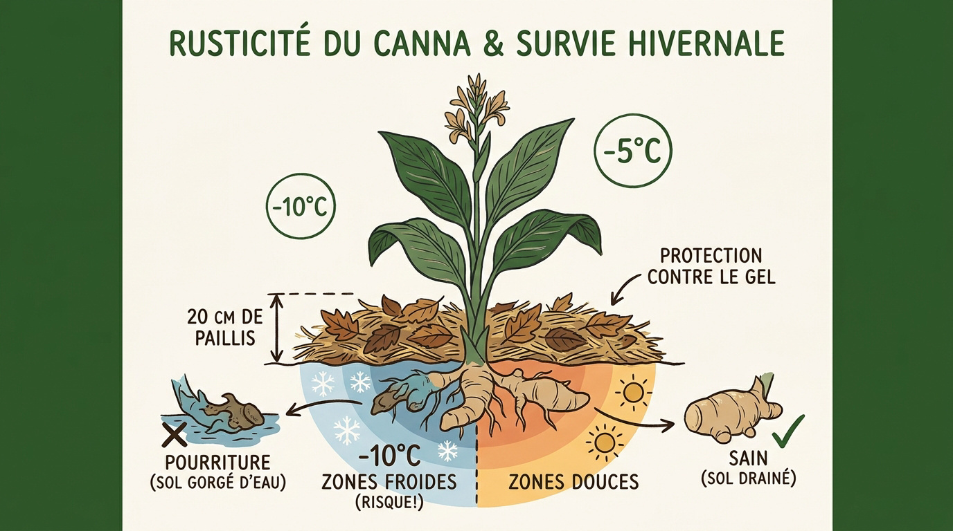 Rhizomes de cannas protégés par un paillis épais pour l'hiver