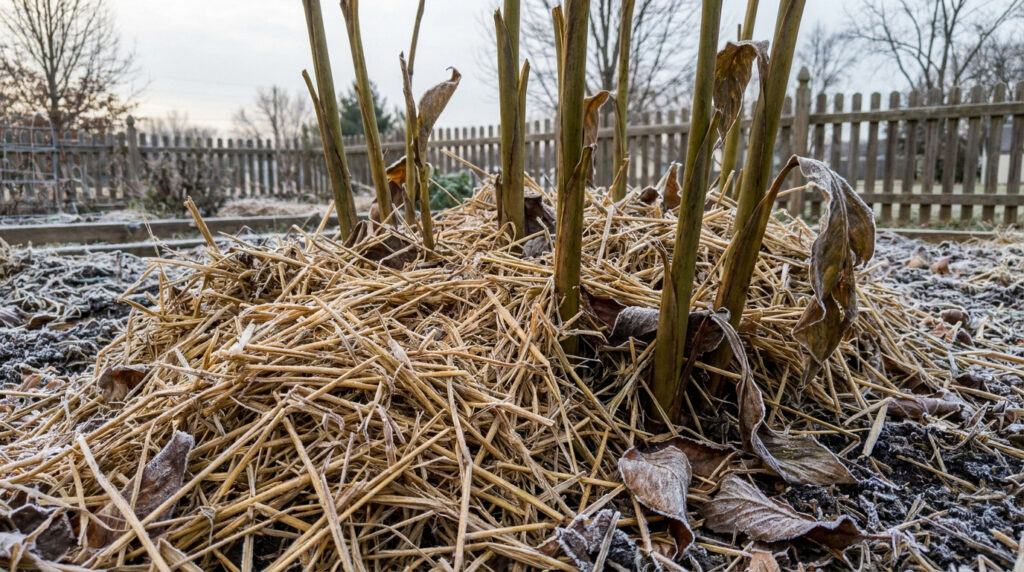 Peut-on laisser les cannas en pleine terre l’hiver ? Pieds de cannas coupés et protégés par un épais paillis de paille en hiver, avec du givre sur le sol.