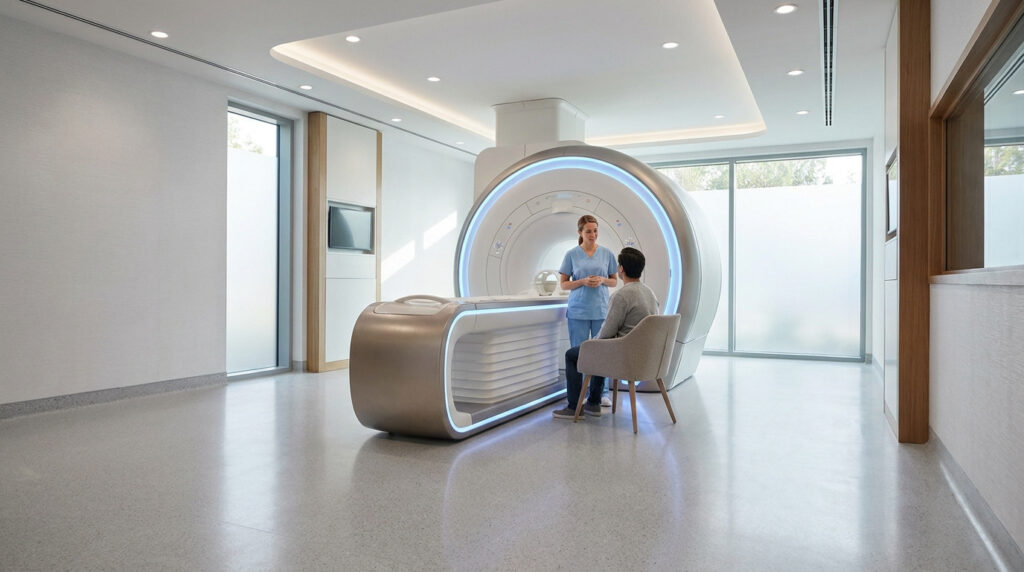 Une technicienne médicale explique le fonctionnement d'une machine IRM moderne à un patient assis dans une salle lumineuse.