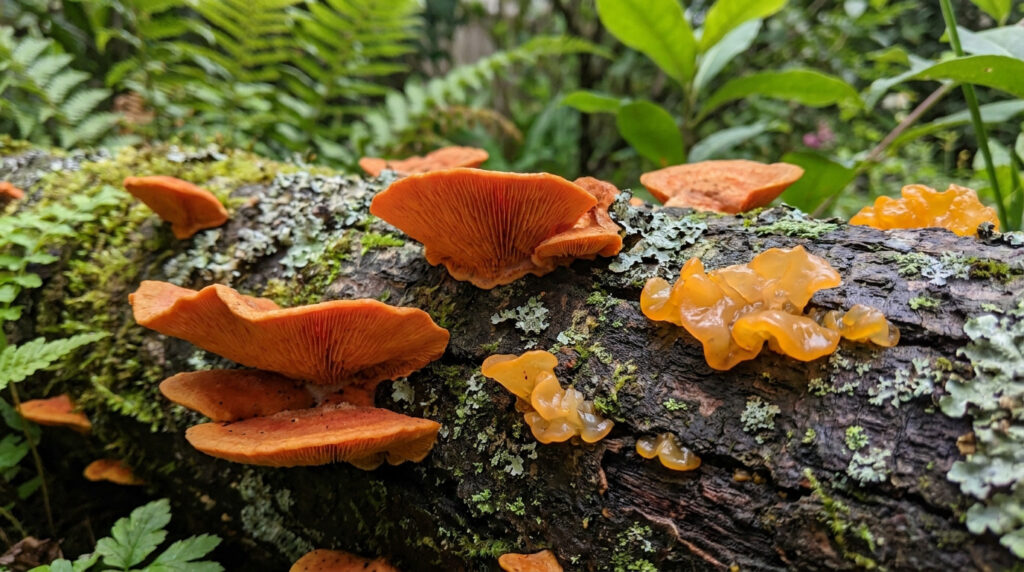 Identifier un champignon orange sur bois mort au jardin Champignons lamellés orange et champignons gélatineux jaunes sur bois mort. Mousse et lichen recouvrent le tronc.