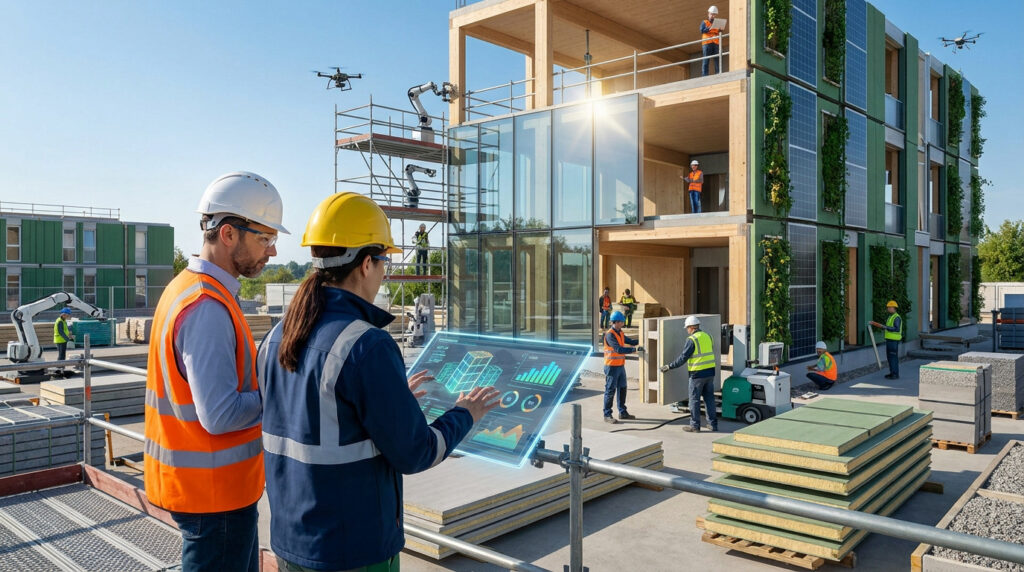 Des professionnels du bâtiment utilisent une interface numérique holographique sur un chantier innovant et durable.