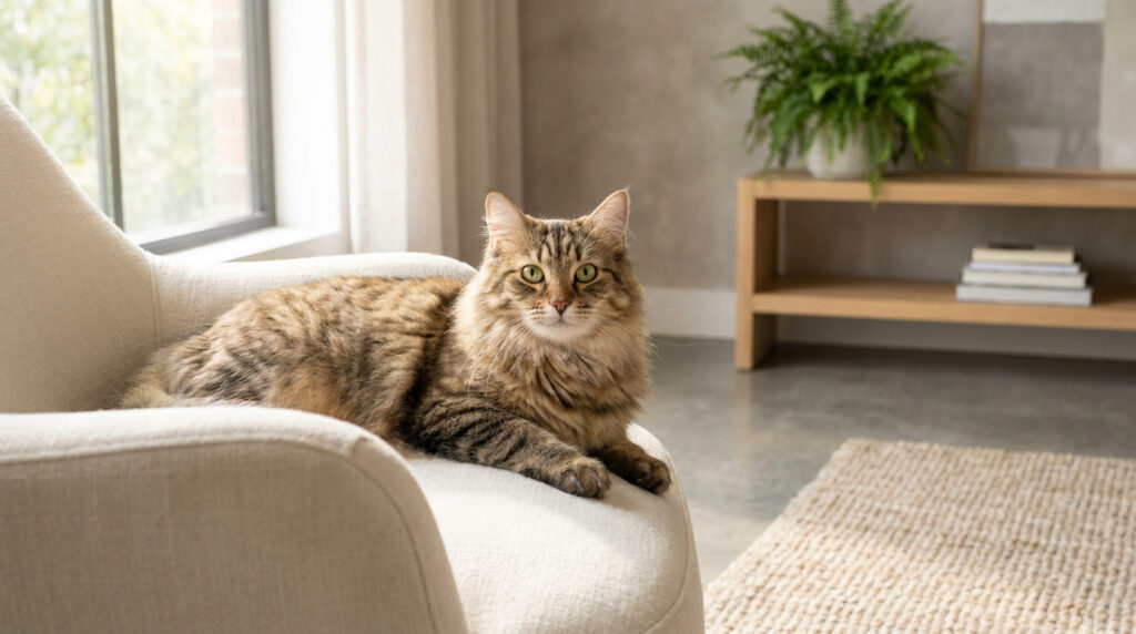 Un chat tigré à poils longs est assis confortablement sur un fauteuil beige dans un salon lumineux.