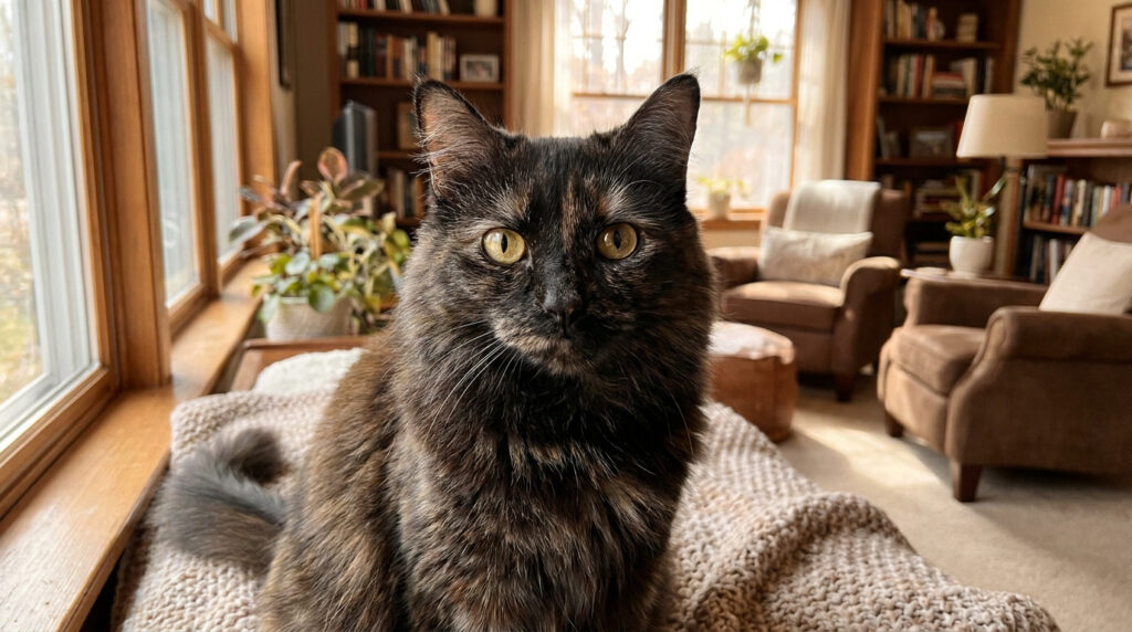 Chat écaille de tortue aux yeux dorés assis sur une couverture dans un salon chaleureux près d'une fenêtre.