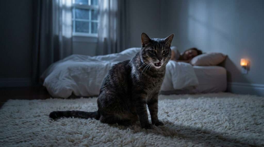 Chat qui miaule la nuit : comprendre et agir efficacement Un chat tigré miaule sur un tapis moelleux devant une personne endormie dans une chambre sombre.