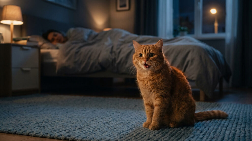 Un chat roux à la gueule ouverte, comme miaulant, est assis sur un tapis. Une personne endormie est floue en arrière-plan dans une chambre sombre.