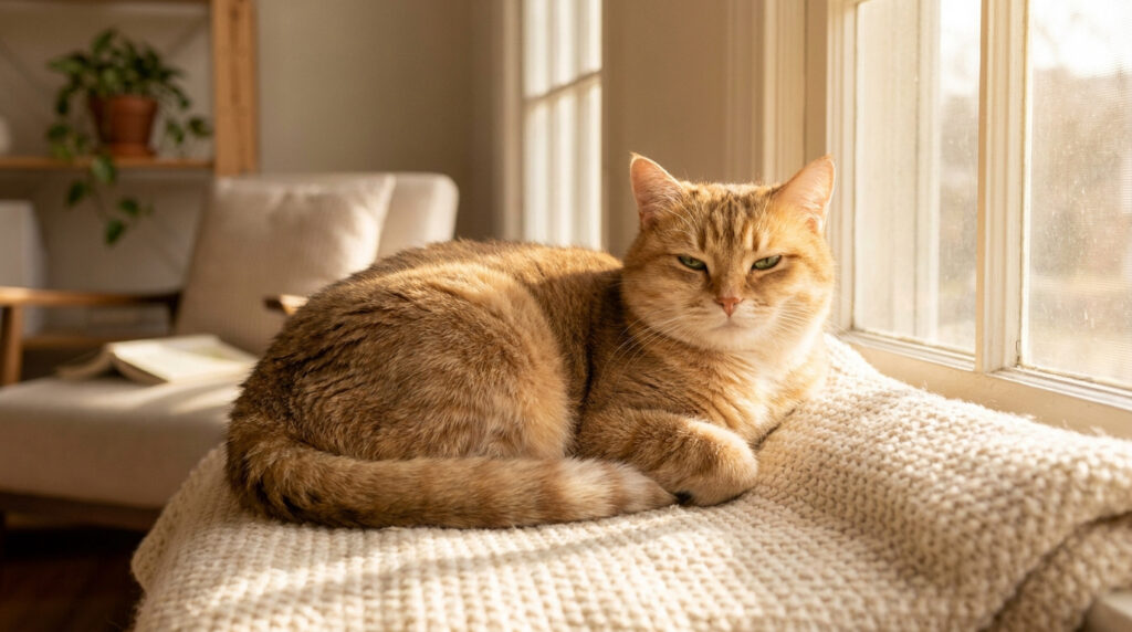 Un chat roux aux yeux verts est allongé sur un plaid crème près d'une fenêtre baignée de soleil, dans un salon paisible.