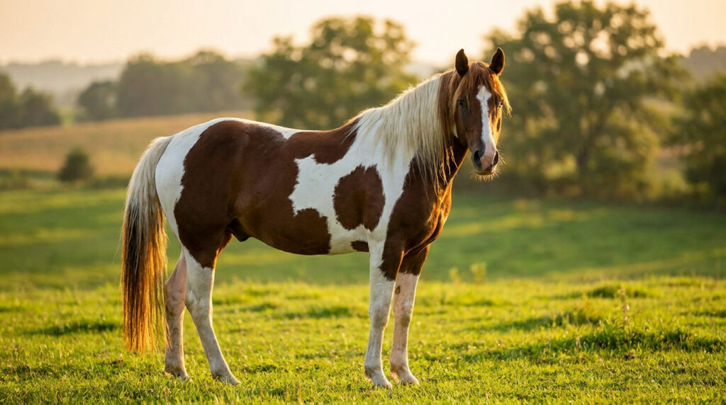 Cheval pie marron et blanc debout dans un pré verdoyant, sa robe tachetée et sa crinière claire illuminées par le soleil couchant.