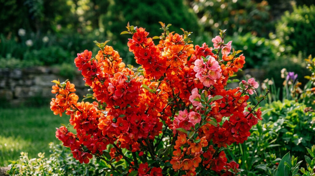 Cognassier du Japon en pleine floraison, présentant de nombreuses fleurs rouges, orangées et roses, dans un jardin ensoleillé.