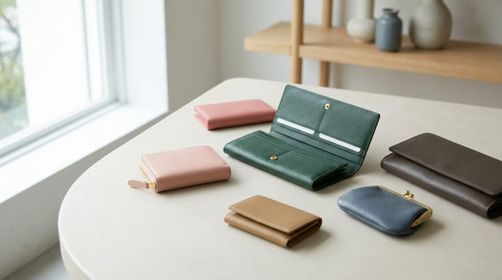 Quel porte-monnaie femme choisir pour son style en 2026 ? Différents modèles de porte-monnaie en cuir aux tons pastel et naturels disposés sur une table claire.