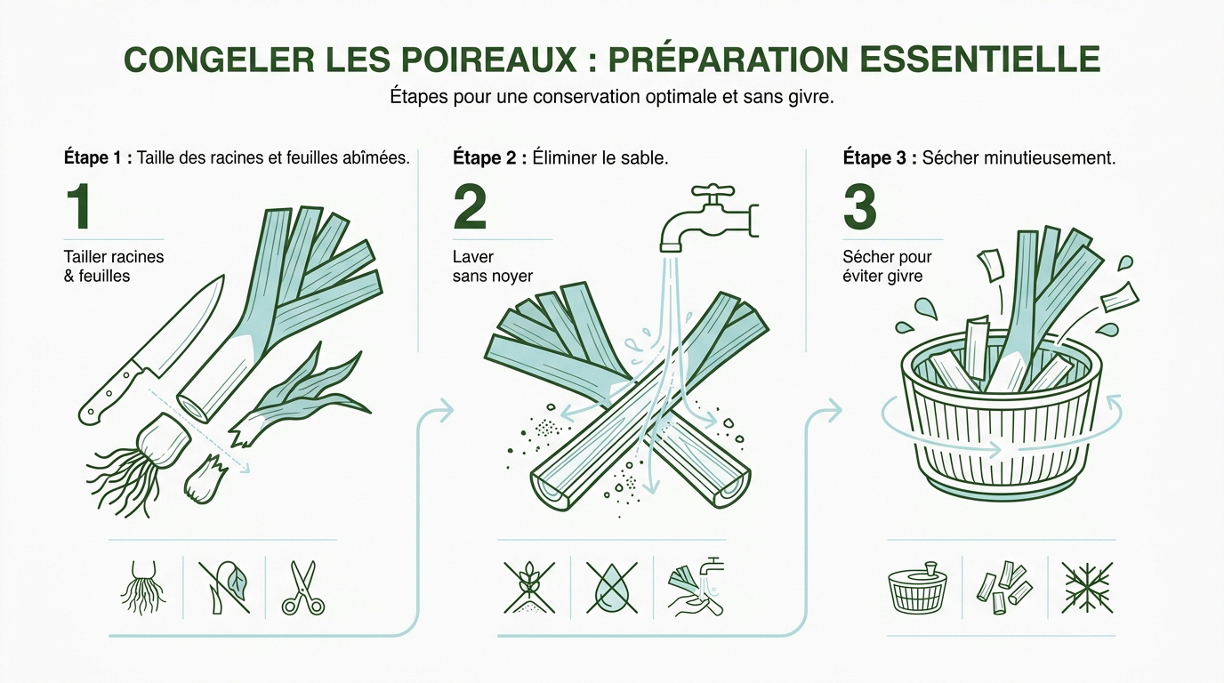 étapes de préparation pour congeler les poireaux proprement