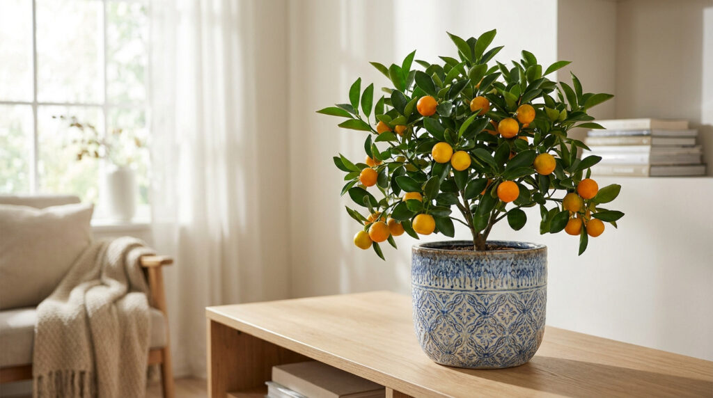 Un calamondin en pot bleu décoré avec de nombreux petits fruits oranges sur une table en bois clair, dans un salon lumineux.
