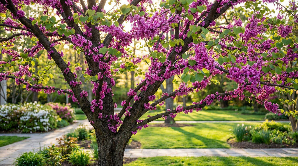 Guide complet du gainier du Canada : culture et entretien Un gainier du Canada aux fleurs rose vif recouvrant ses branches dans un jardin ensoleillé au printemps.