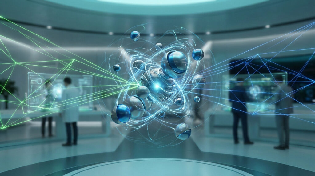 Modèle moléculaire futuriste au centre d'un laboratoire. Scientifiques et professionnels interagissent via des réseaux lumineux verts et bleus.