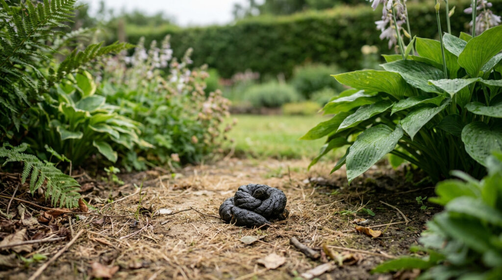Crotte sombre et torsadée, probablement de renard, au centre d'une allée de jardin avec de la terre et des plantes vertes.