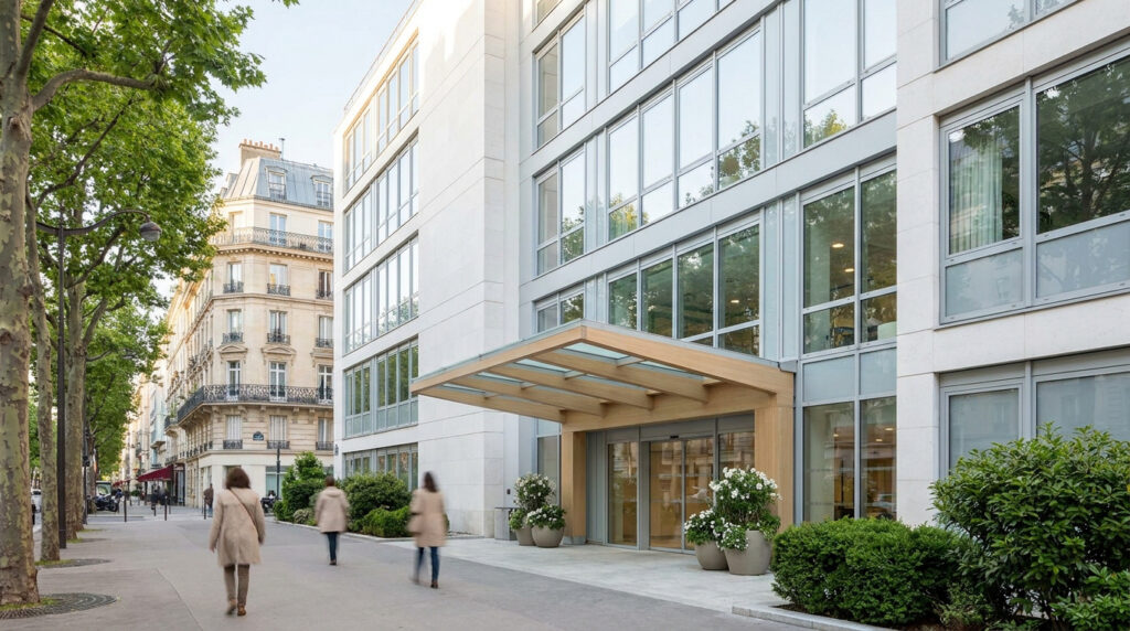 Façade moderne en pierre et verre de l'hôpital Tenon avec des passants sur le trottoir arboré.