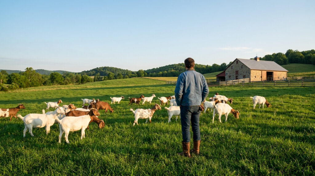 Un éleveur observe son troupeau de chèvres dans un vaste pré verdoyant devant une ferme en pierre sous un ciel bleu.