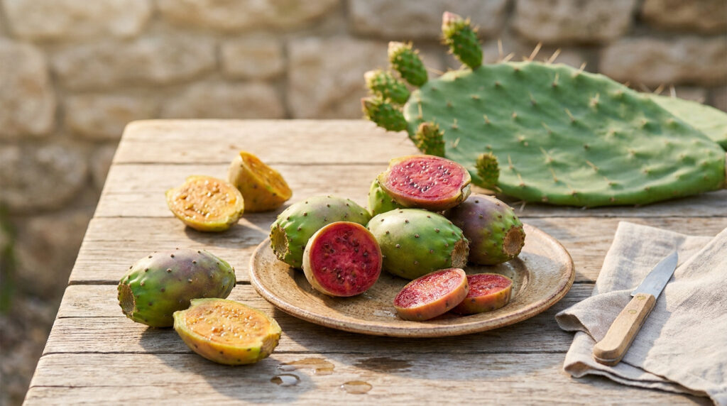 Figues de barbarie entières et coupées sur une assiette en terre cuite avec une raquette de cactus en arrière-plan.