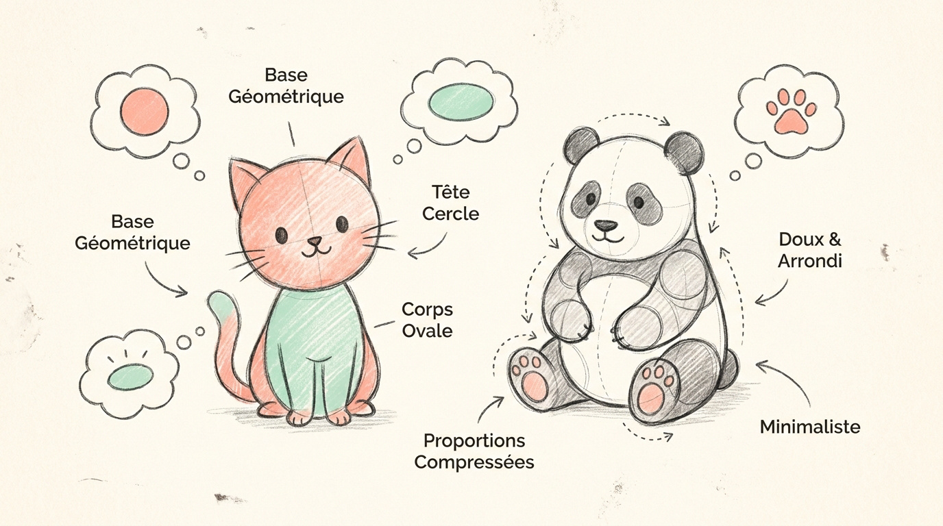 Dessin facile animaux mignon chaton et panda style géométrique kawaii