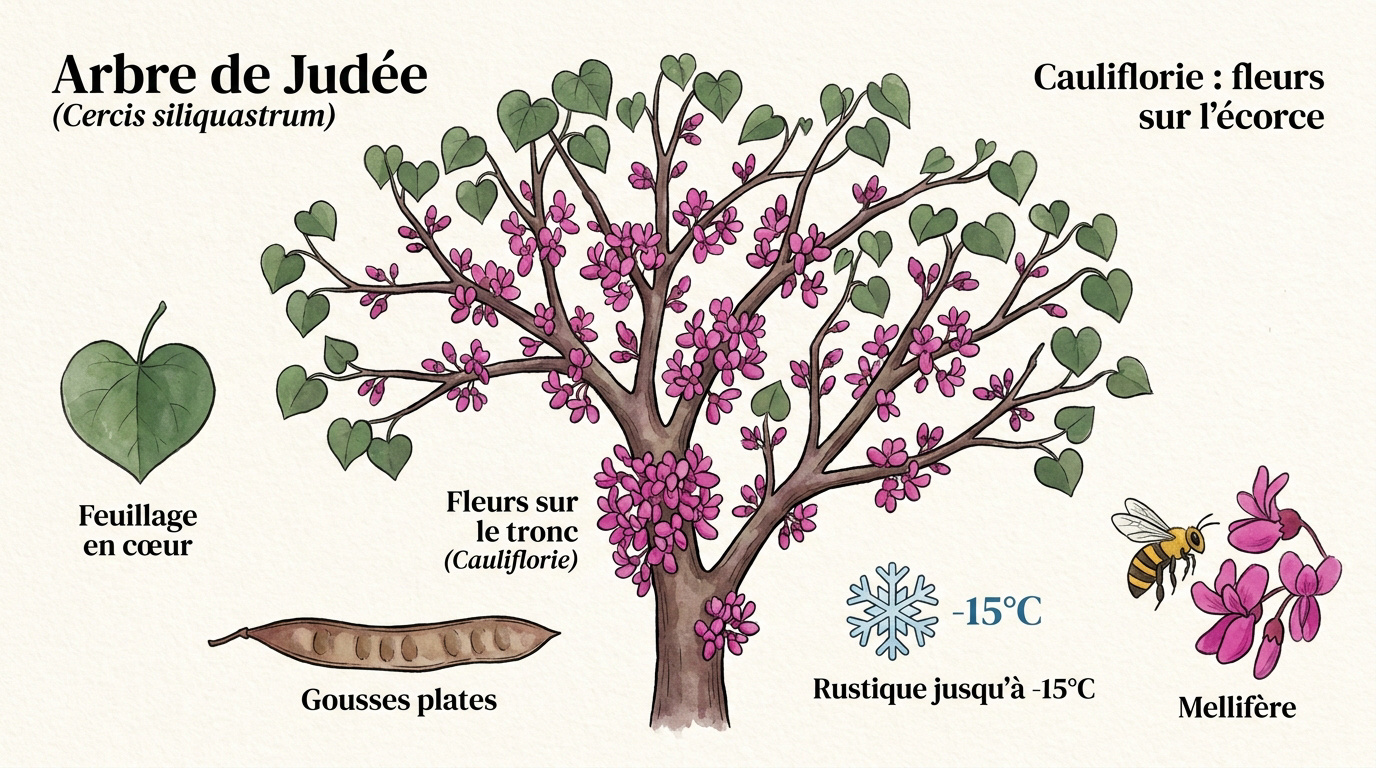 Floraison rose vif de l'arbre de Judée sur ses branches nues