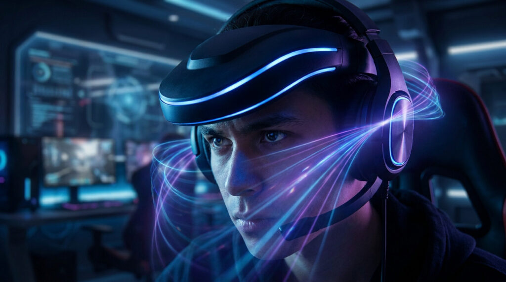 Un joueur concentré portant un casque audio avec des effets de lumière bleue et violette illustrant le son spatial.