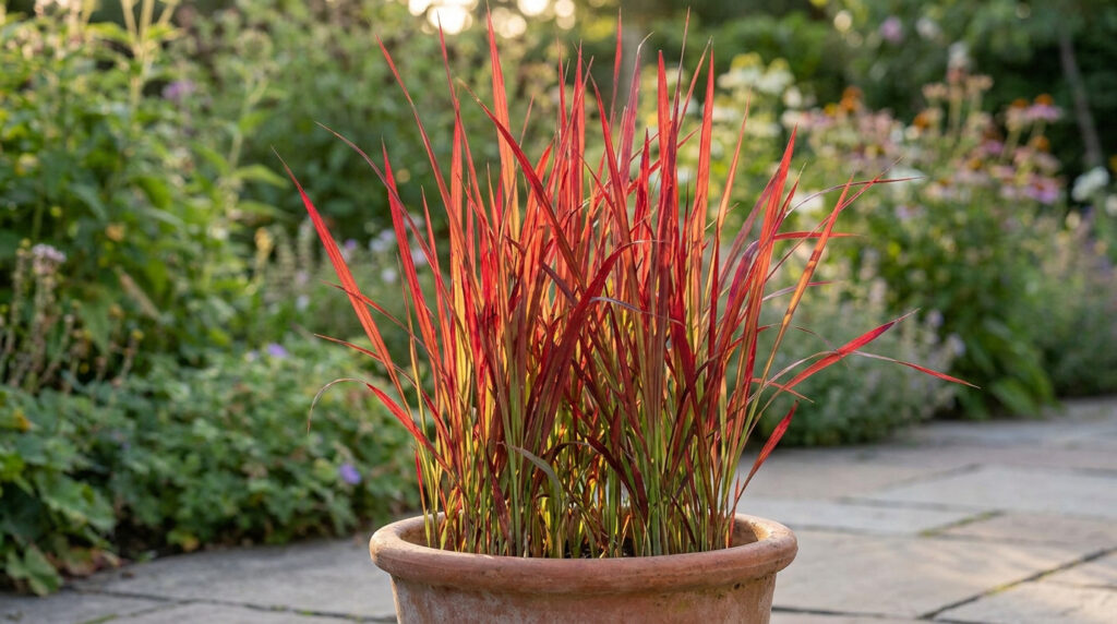 Graminée ornementale Imperata Red Baron aux feuilles rouge vif dans un pot en terre cuite dans un jardin.