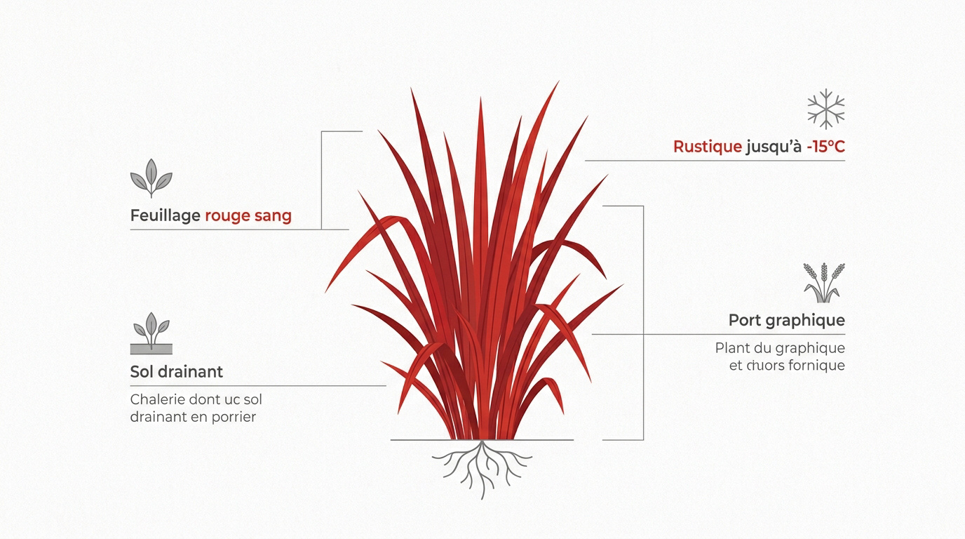 Imperata Red Baron au feuillage rouge intense