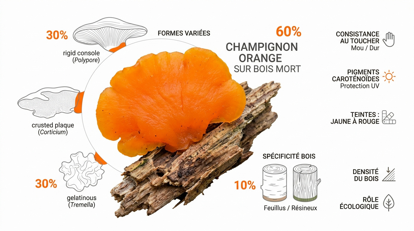 Infographie montrant différents champignons orange sur du bois mort en forêt
