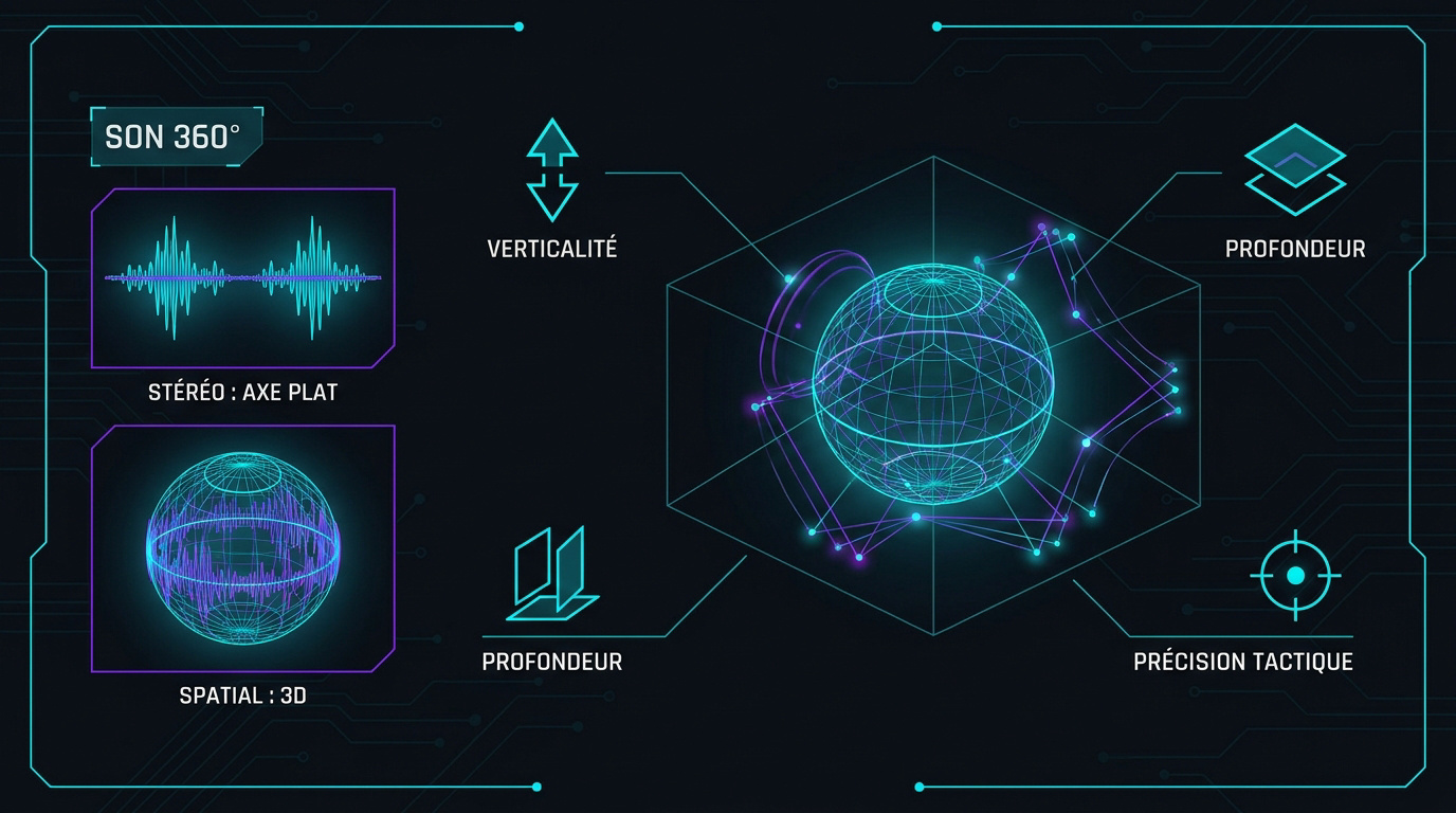 Interface de réglage du son spatial montrant la gestion de la verticalité et de la profondeur pour les FPS
