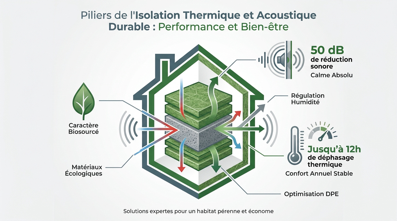 Schéma des performances de l'isolation thermique et acoustique biosourcée