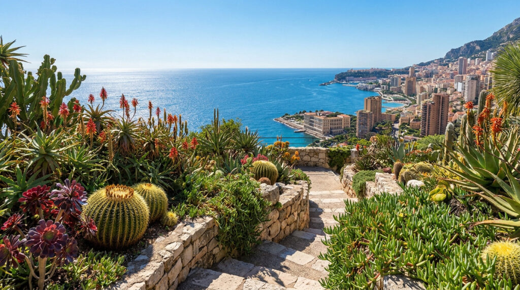 Visiter le jardin exotique de Monaco : tarifs et infos 2026 Vue plongeante sur le jardin exotique de Monaco avec des cactus au premier plan et la mer Méditerranée en arrière-plan.