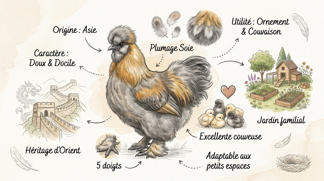 Poule Soie blanche au plumage soyeux dans un jardin