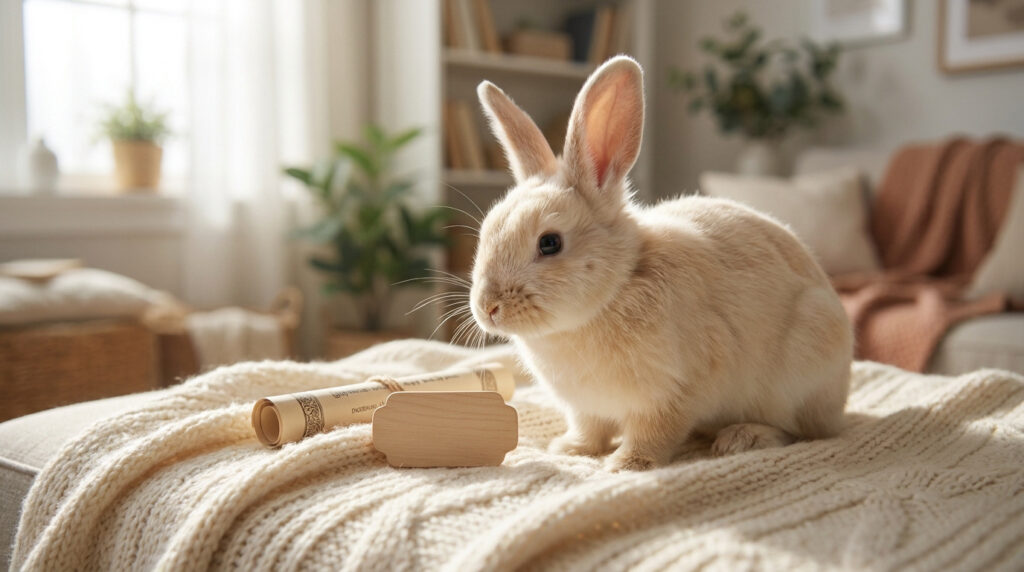 Quel prénom pour lapins choisir pour créer un lien unique ? Un adorable lapin beige assis sur un plaid en laine, à côté d'une étiquette en bois et d'un parchemin.