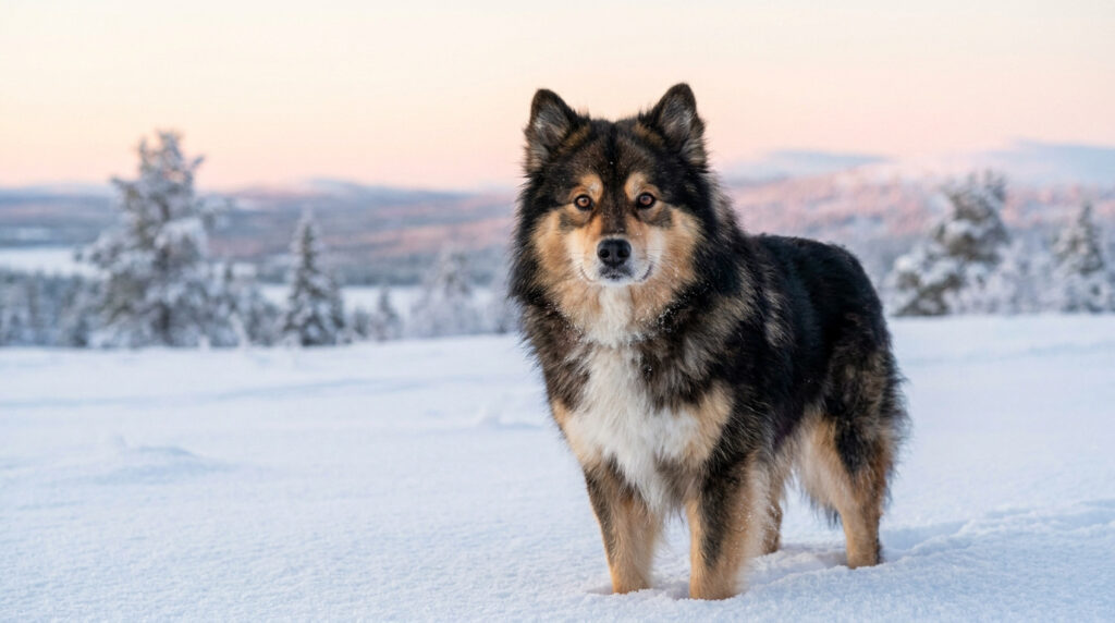 Un Berger Finnois de Laponie aux poils noirs, roux et blancs, debout dans la neige au lever/coucher du soleil.