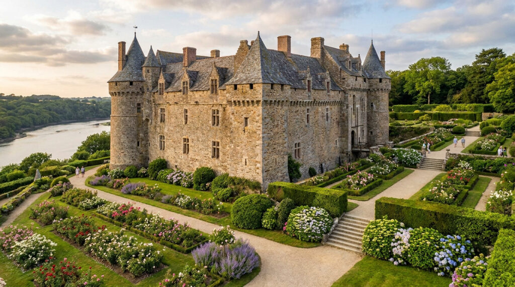 Château de la Roche Jagu, imposante forteresse en pierre, dominant une rivière, entouré de jardins fleuris avec des visiteurs.