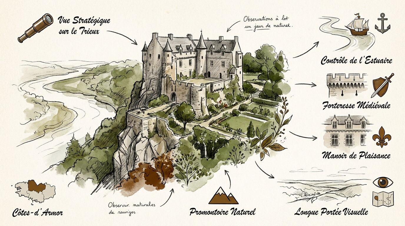 Vue d'ensemble du château de la Roche Jagu dominant l'estuaire du Trieux