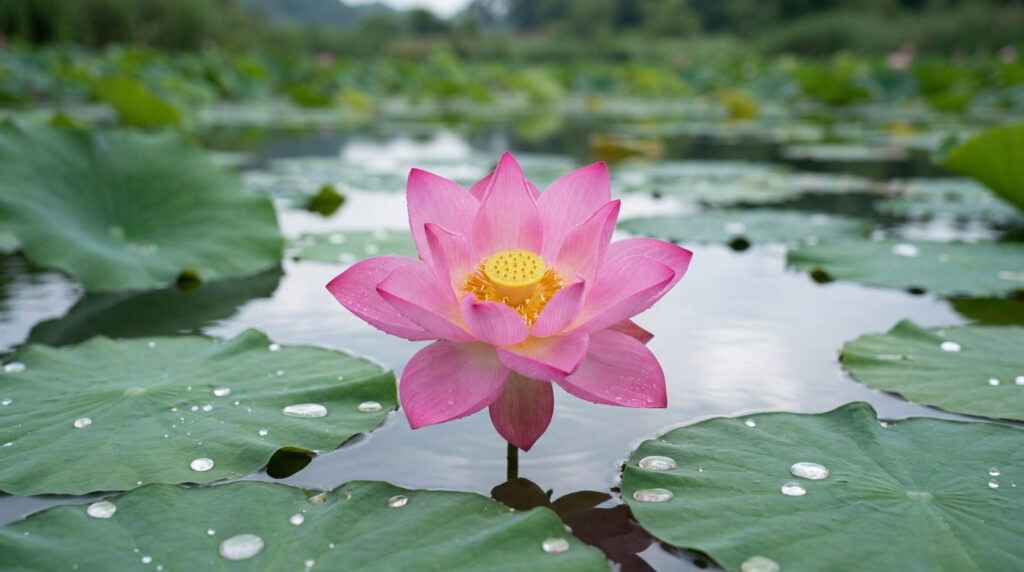 Une fleur de lotus rose éclatante au centre d'un étang parsemé de grandes feuilles vertes couvertes de gouttelettes.