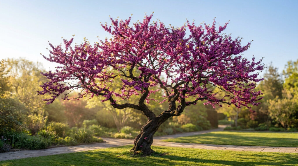 Un Arbre de Judée au tronc tortueux couvert de fleurs rose vif dans un jardin ensoleillé au printemps.