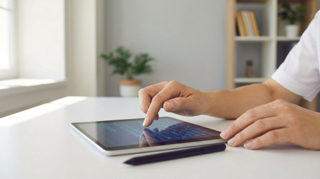 Une personne utilise une tablette affichant des données pour gérer des informations. Un stylet est posé sur un bureau blanc clair.