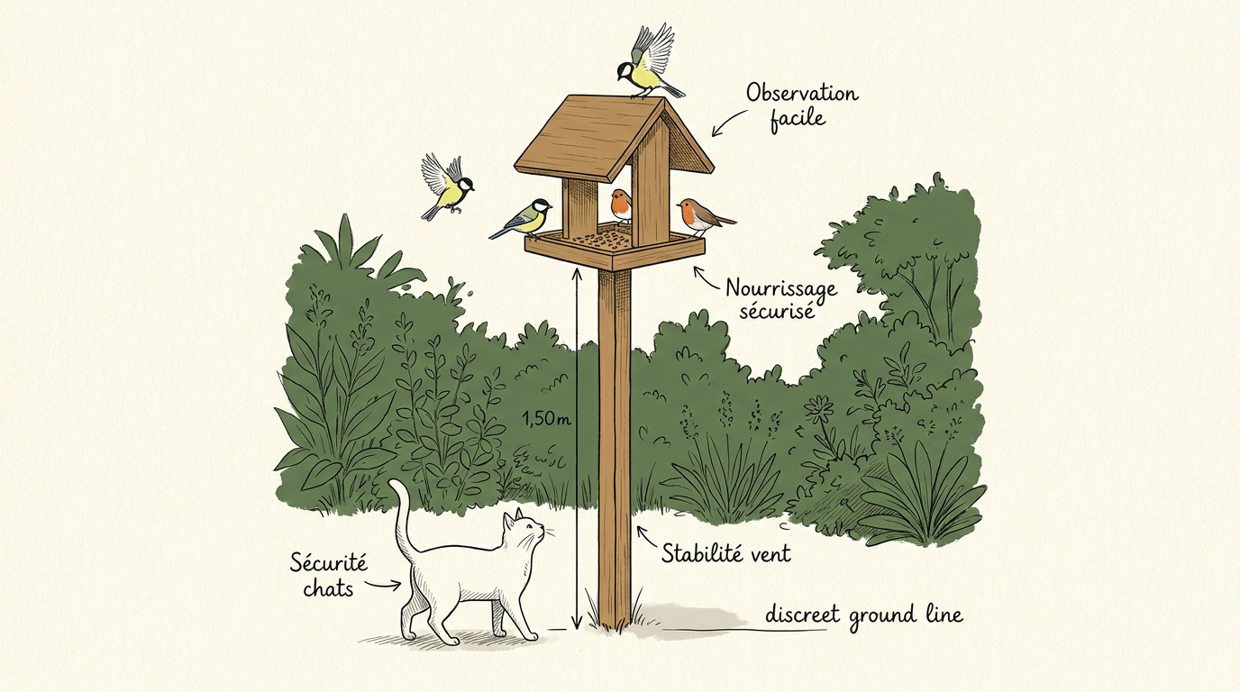 Mangeoire pour oiseaux sur pied installée dans un jardin pour une observation sécurisée
