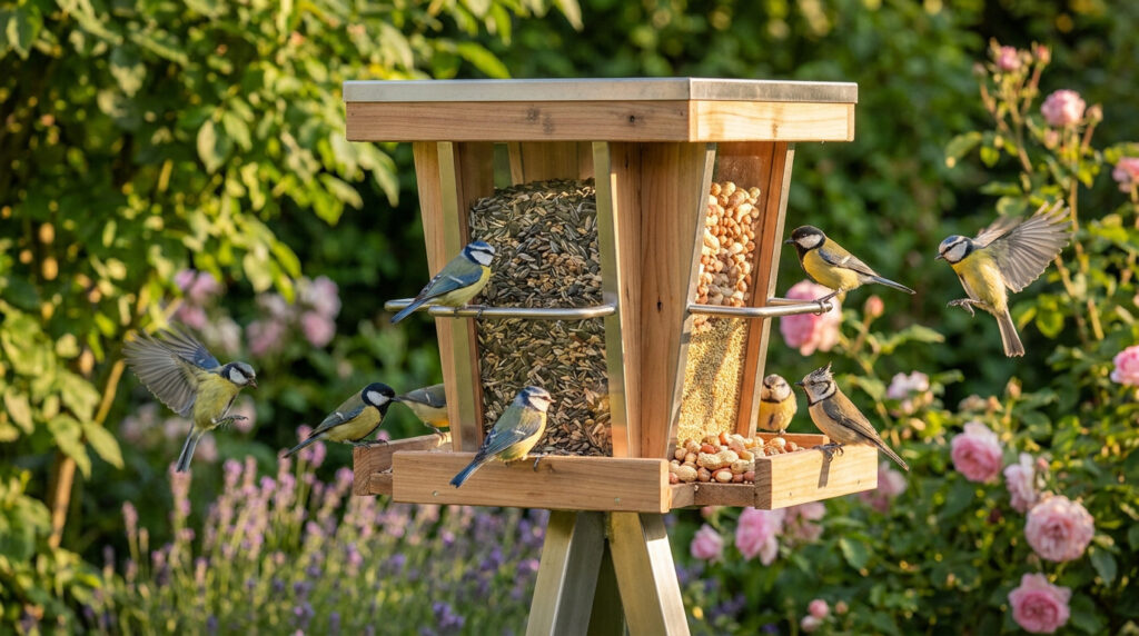 Une mangeoire sur pied en bois remplie de graines et de noix, entourée de plusieurs mésanges dans un jardin fleuri.